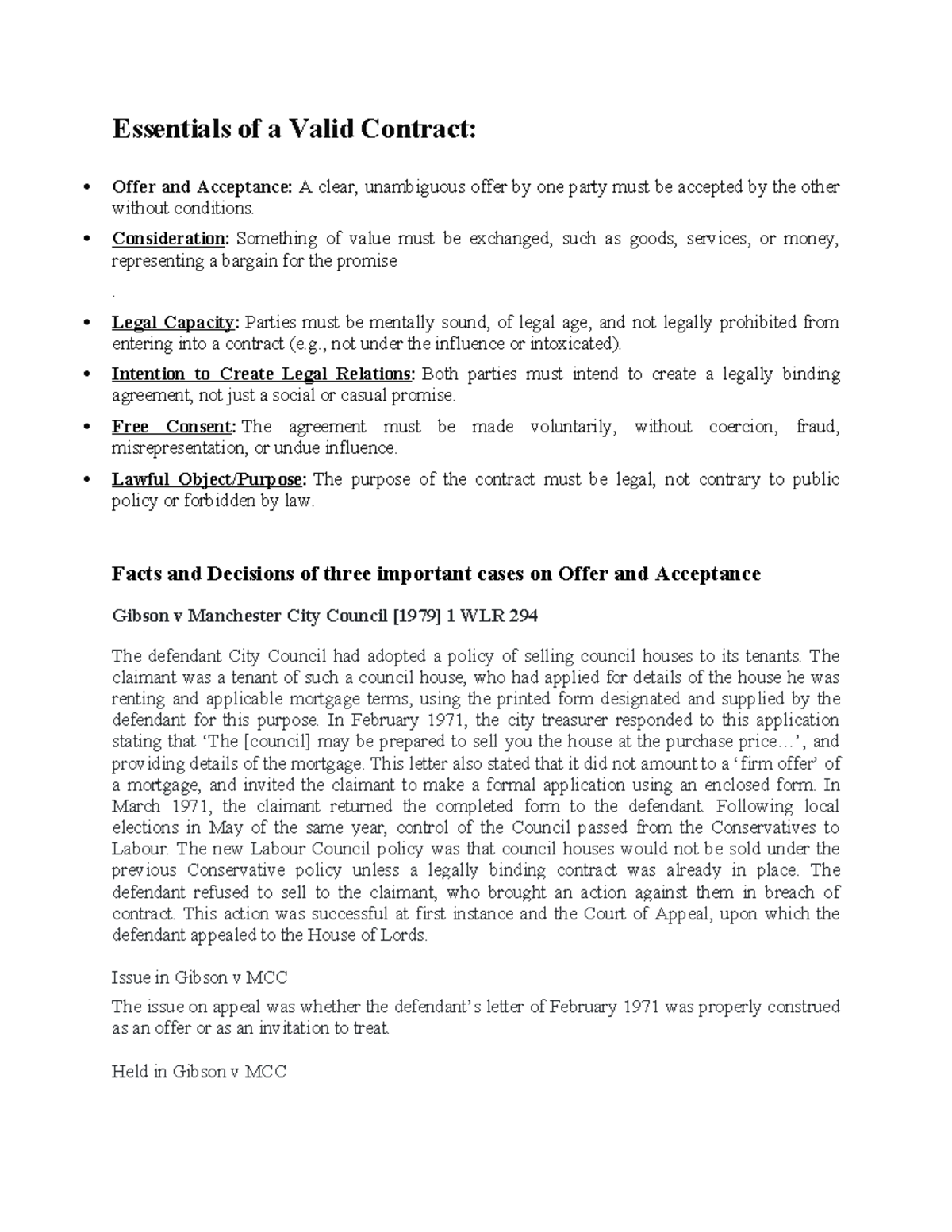 Lecture 1 - Essentials of a Valid Contract: Offer, Acceptance & Cases ...