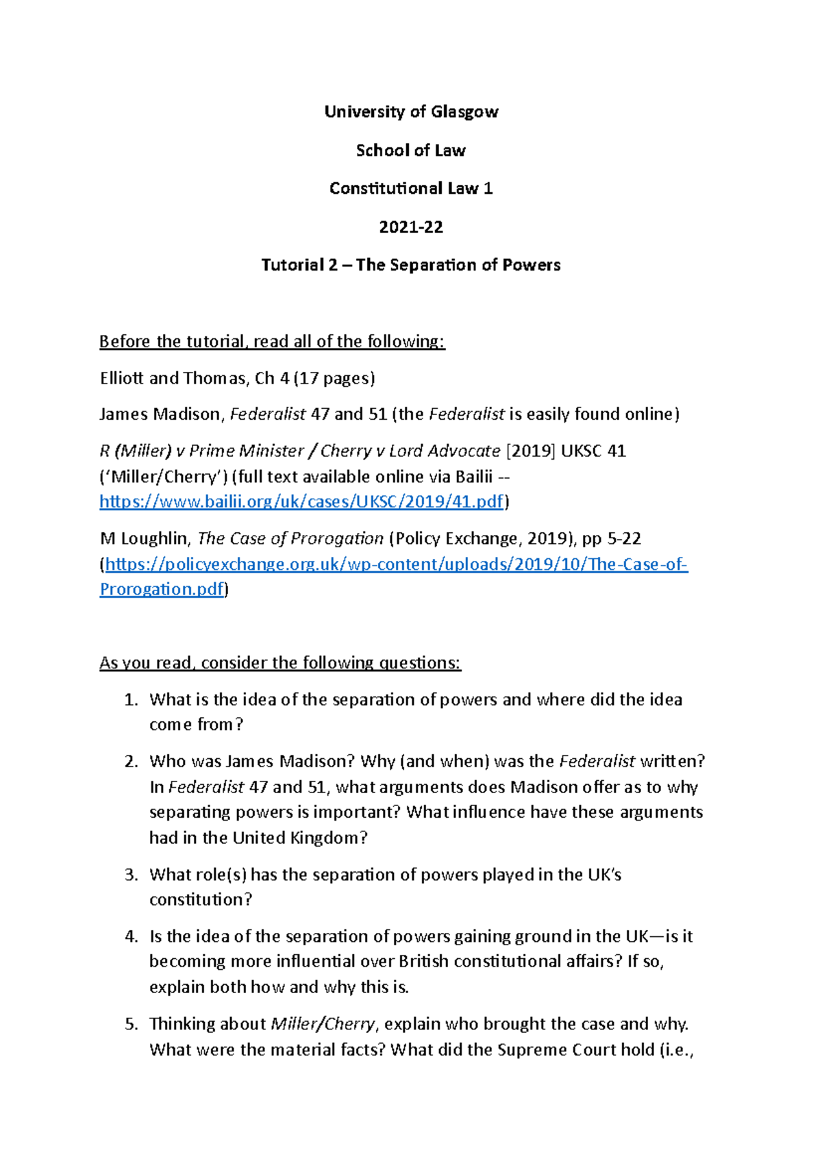 Tutorial 2 - University of Glasgow School of Law Constitutional Law 1 ...