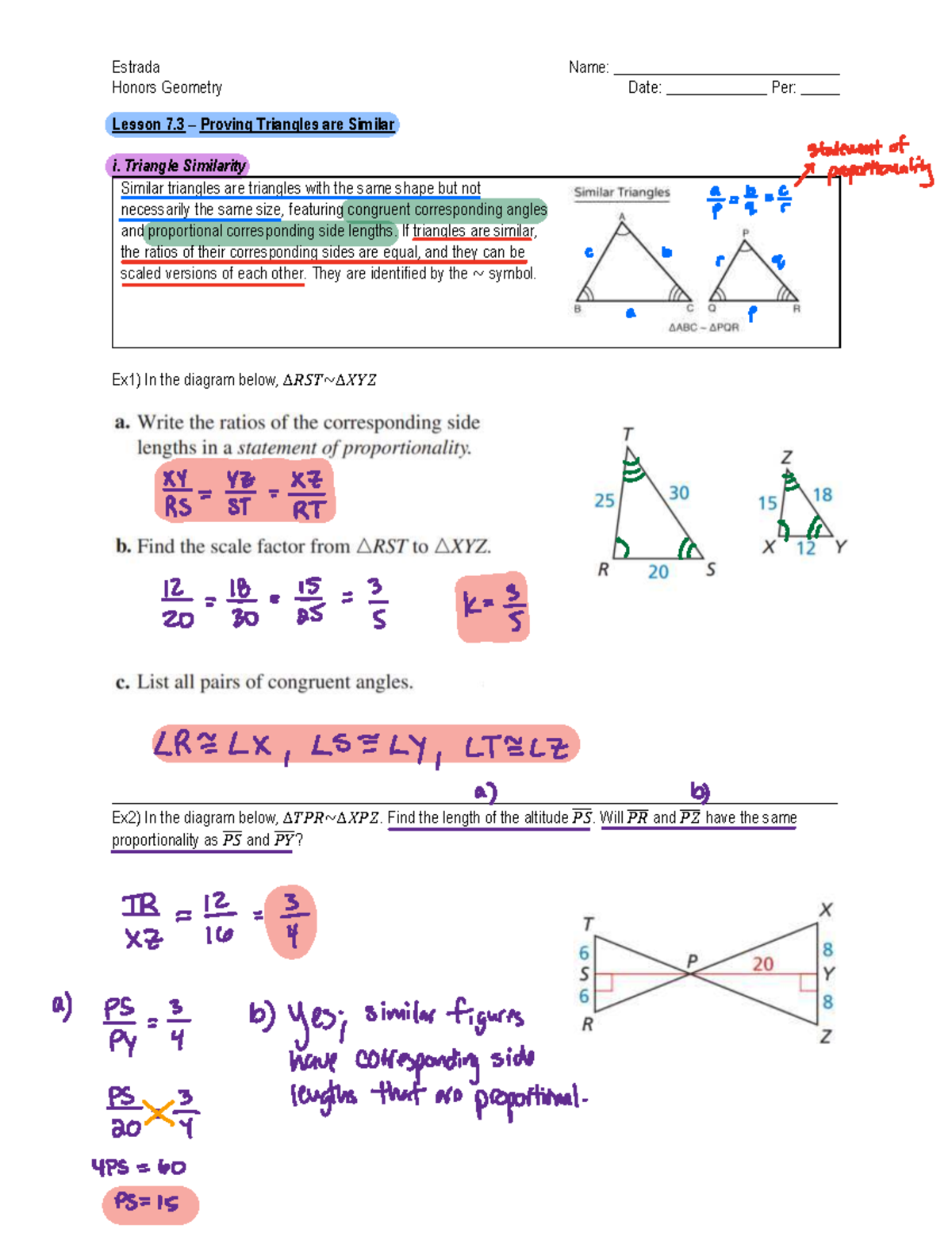 Estrada Honors Geometry: Lesson 7.3 - Proving Triangle Similarity - Studocu