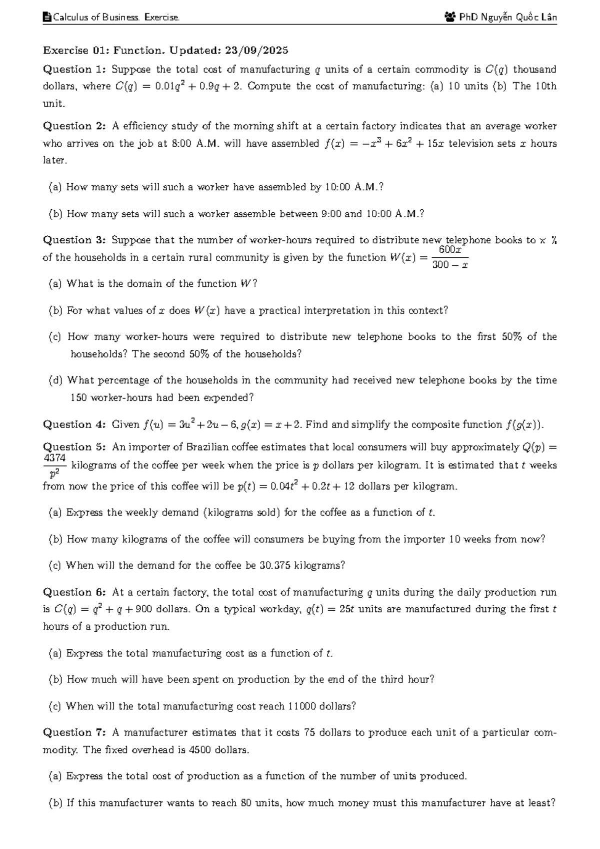 Calculus of Business (Cal BExe) Exercise 01: Functions and Applications ...
