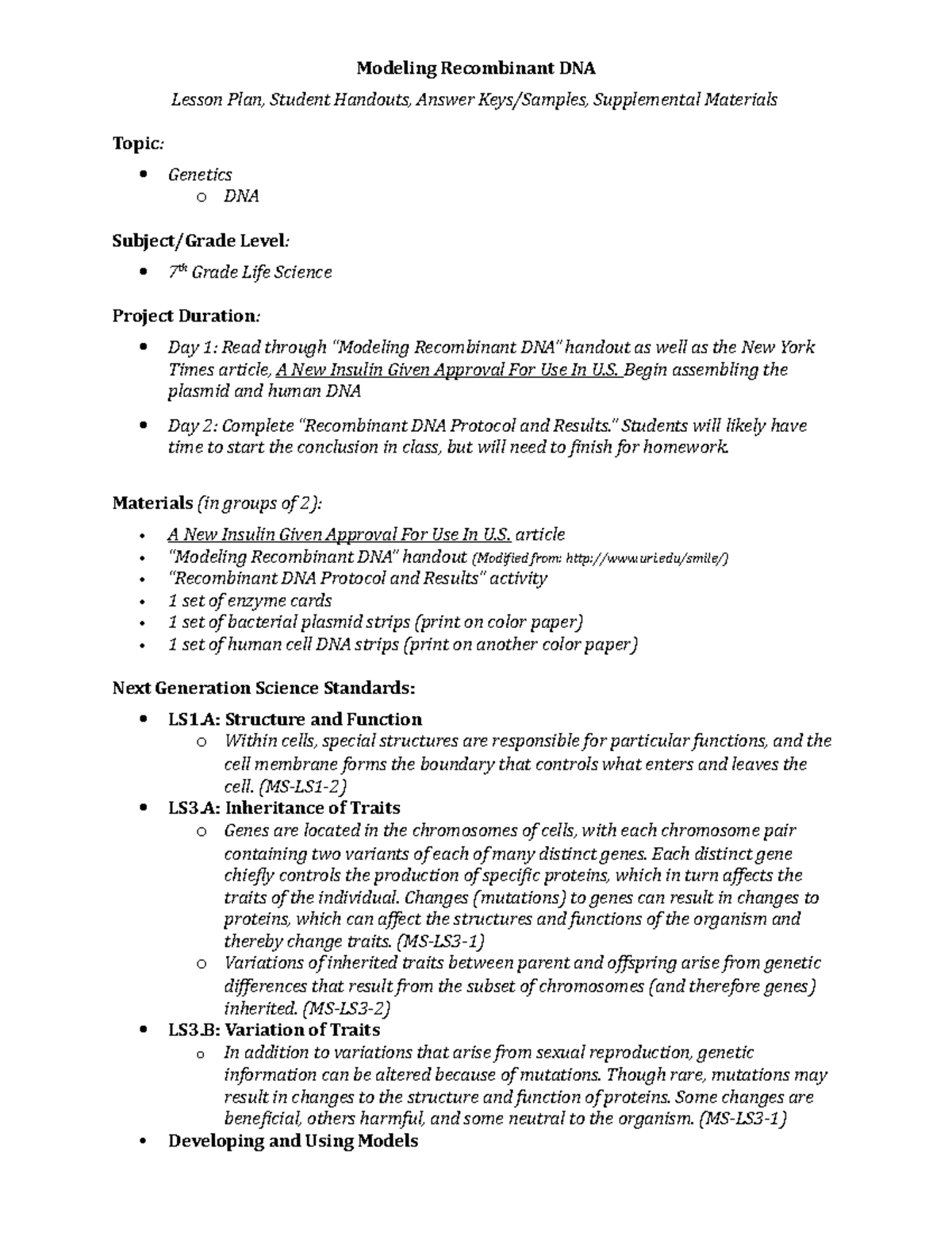 Recombinant DNA Lesson Plan for 7th Grade Life Science (LS1, LS3) - Studocu
