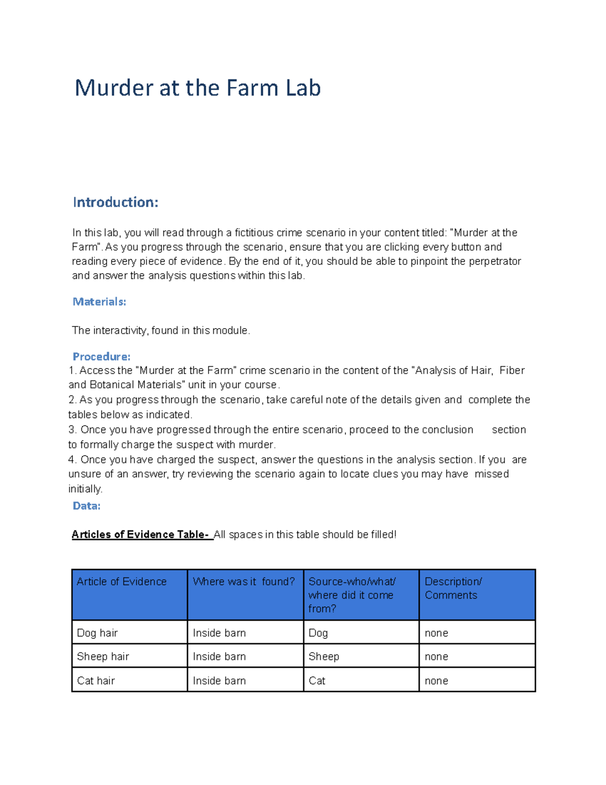GVS 204 - Murder at the Farm Lab Analysis Handout - Studocu