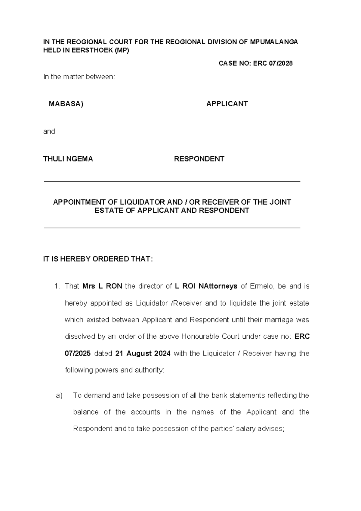 Appointment of Liquidator - Case No: ERC - Mpumalanga Court - Studocu