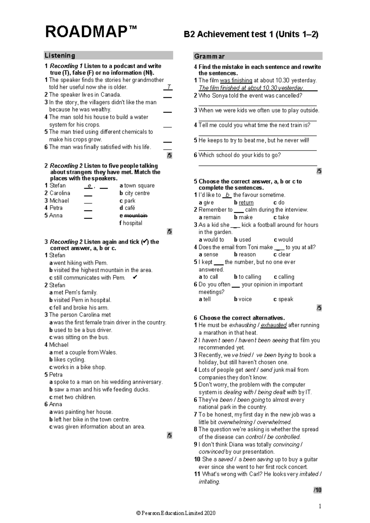 B2 Achievement Test 1: Listening, Grammar, and Vocabulary Exercises ...