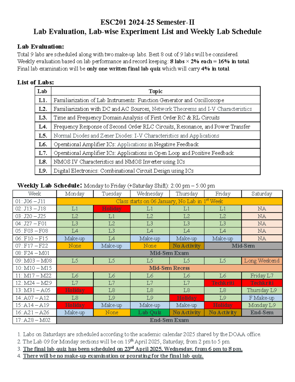 ESC201 Lab Schedule & Evaluation for 2024-25 Semester II - Studocu