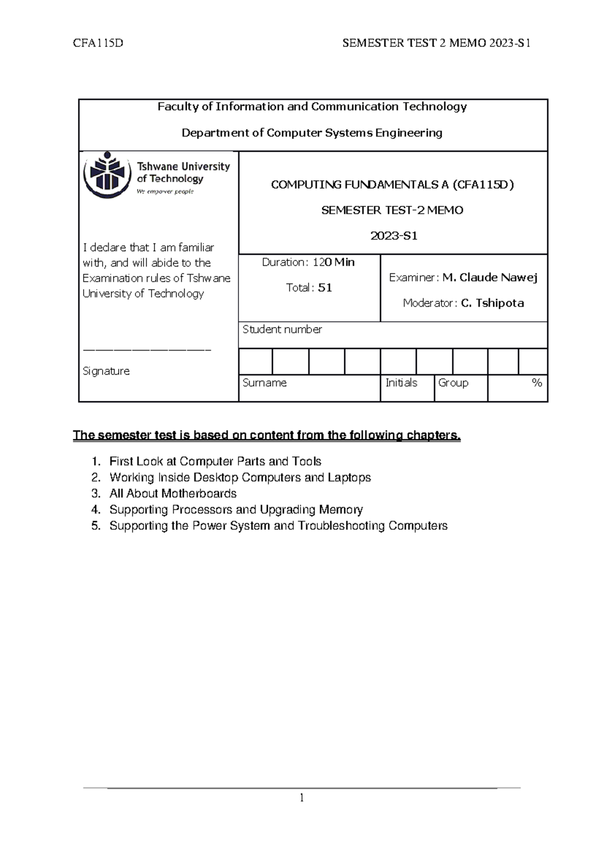 CFA115D Semester Test 2 Memo - 2023 S1 Exam Review and Solutions - Studocu