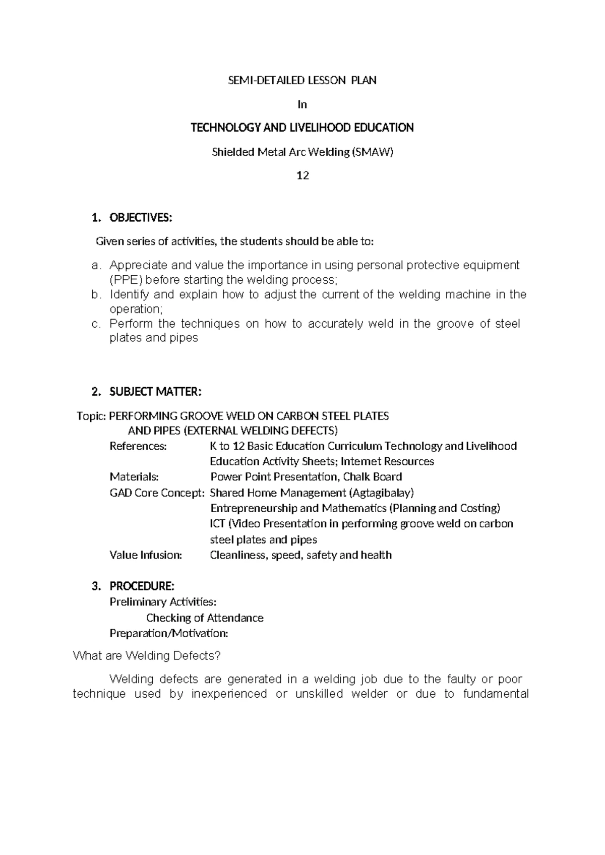 Detailed Lesson Plan on Welding Defects - SMAW NC II - Studocu