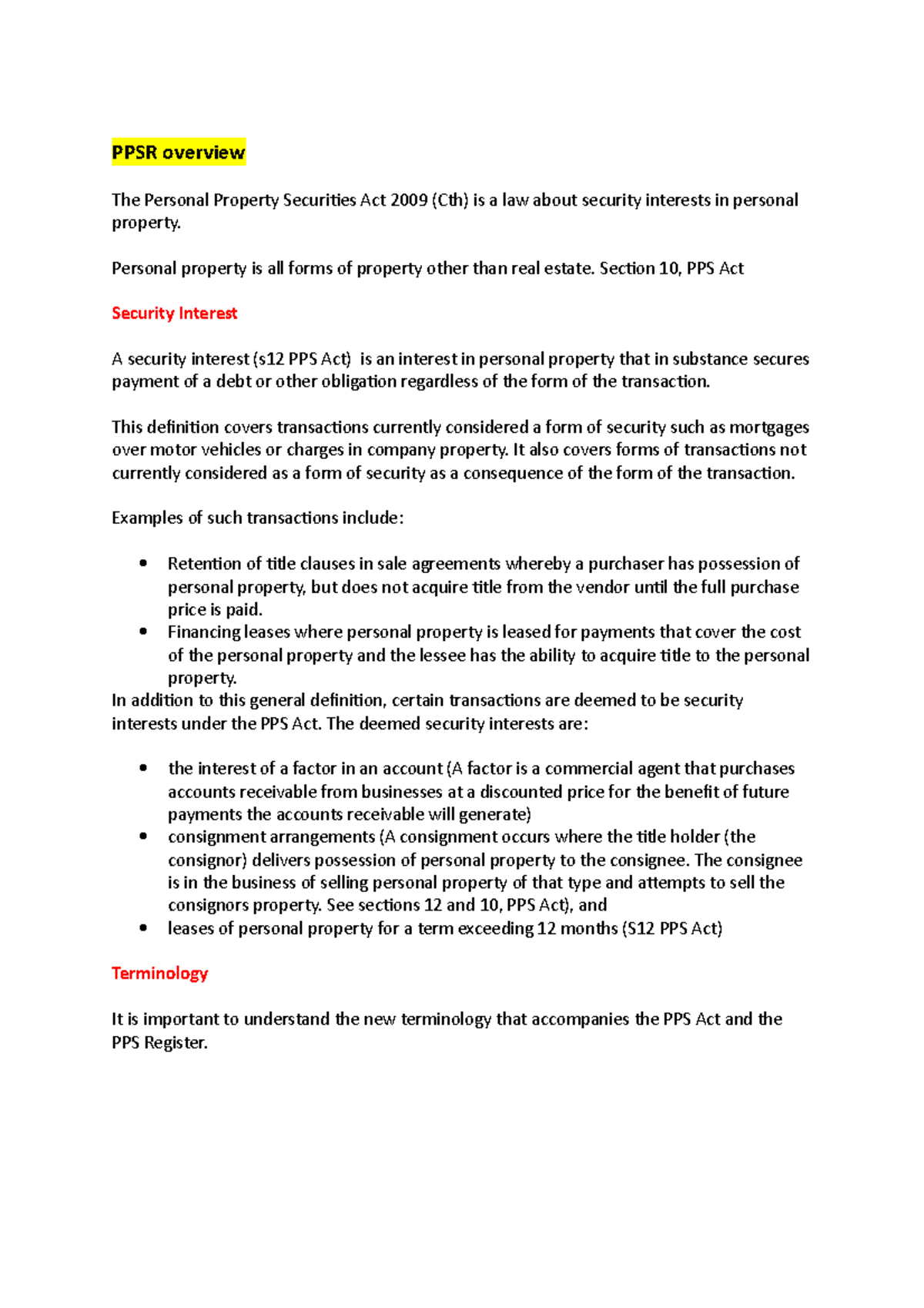 PPSA Summary Notes: Understanding Security Interests & Perfection - Studocu