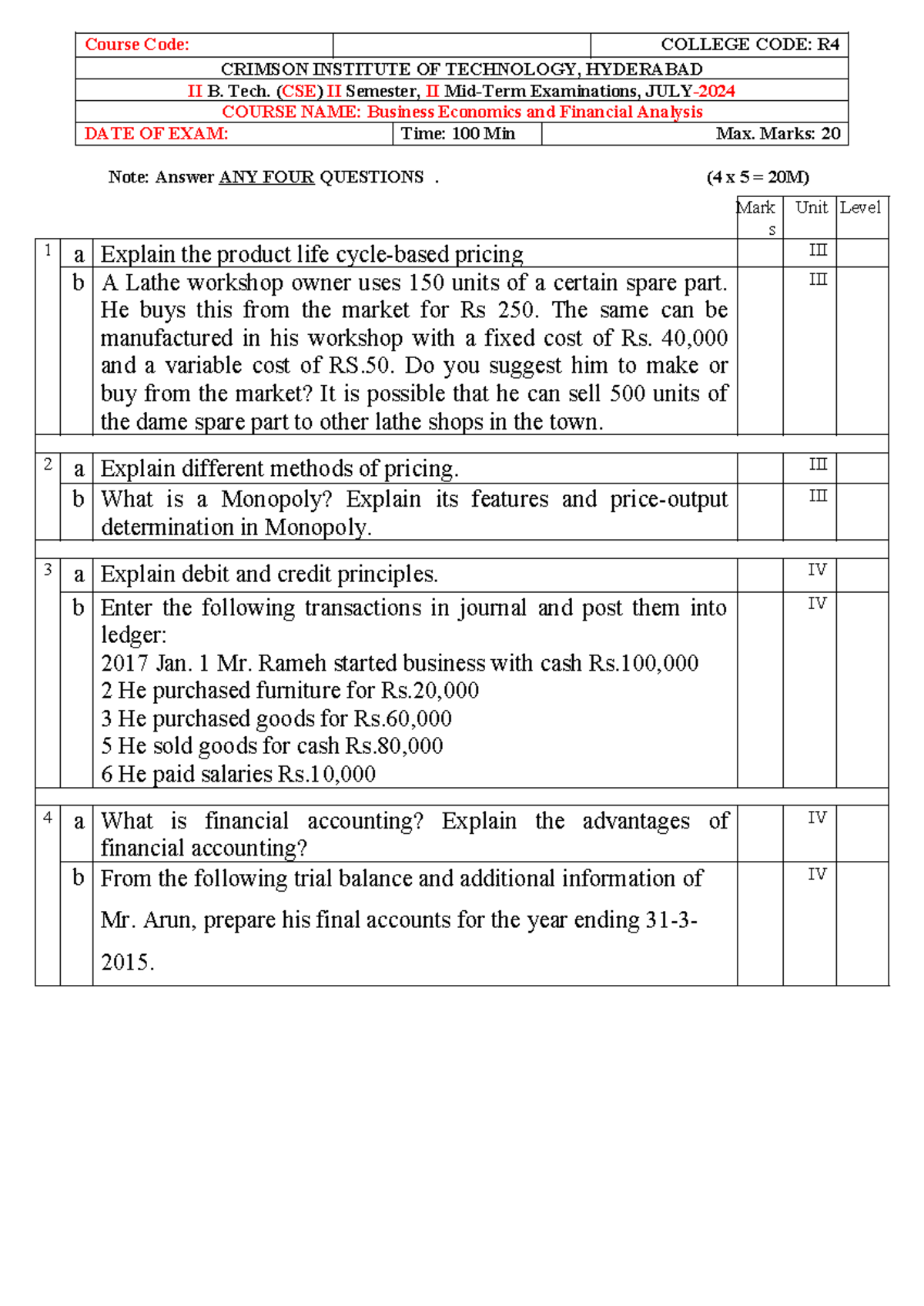 BEFA MID 2 Descriptive Exam - Business Economics & Financial Analysis ...