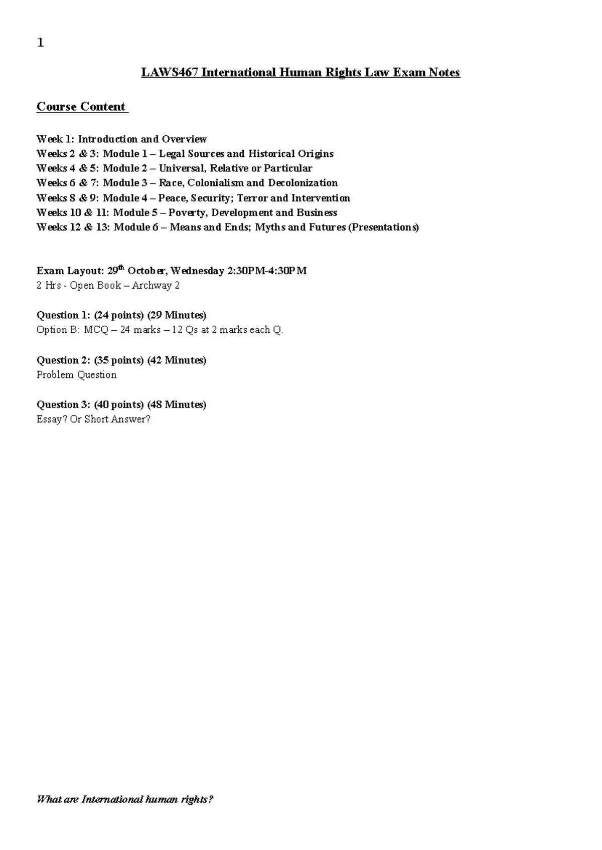 LAWS467 International Human Rights Law Final Exam Study Notes - Studocu