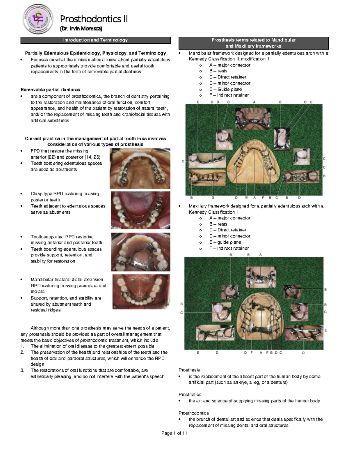 Prosthodontics II Lecture Notes (PROSTH 2-1) on RPD Management - Studocu