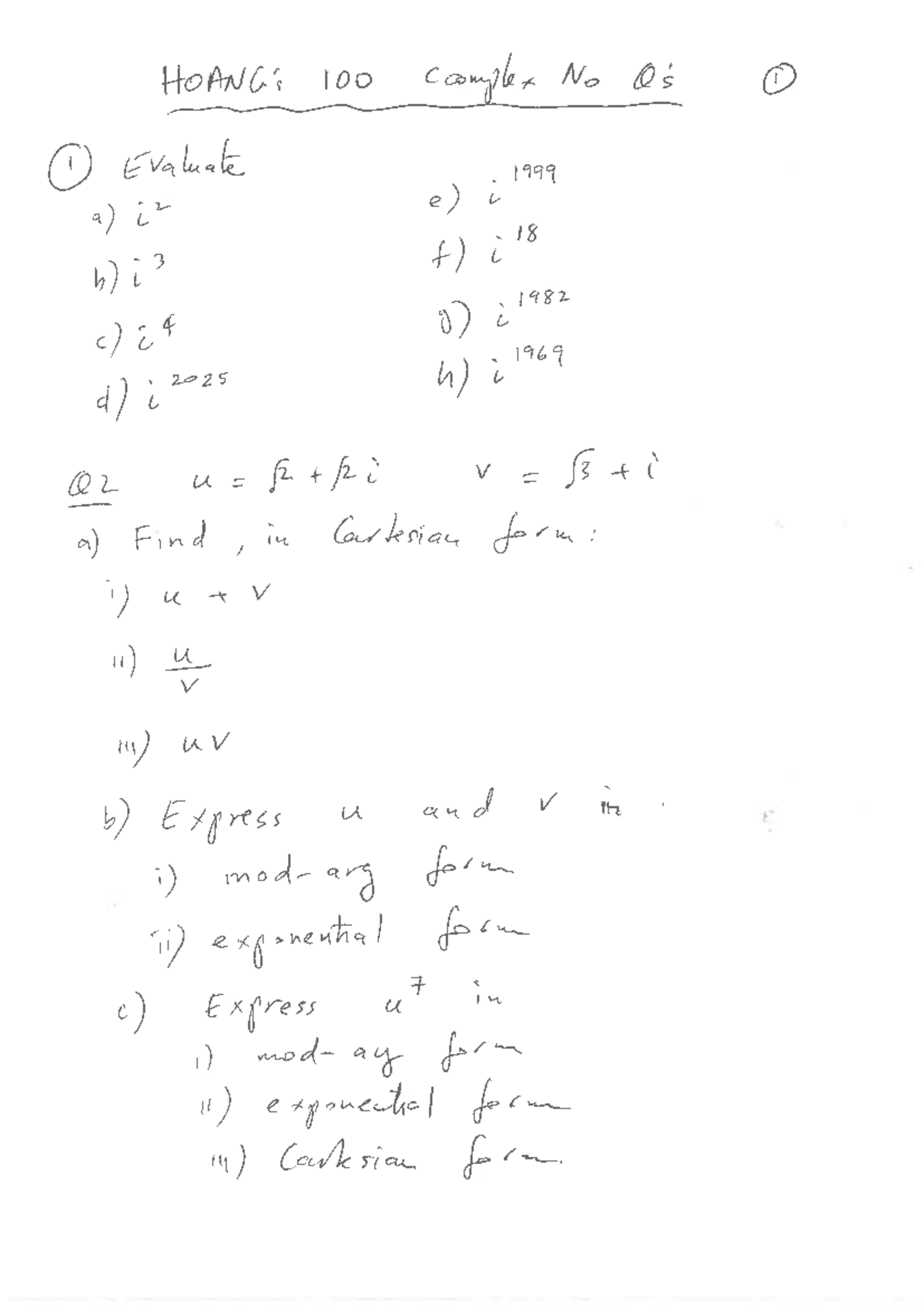 100 complex numbers Questions YR12 EXT 2020 KHoang - 100 complex No I I ...