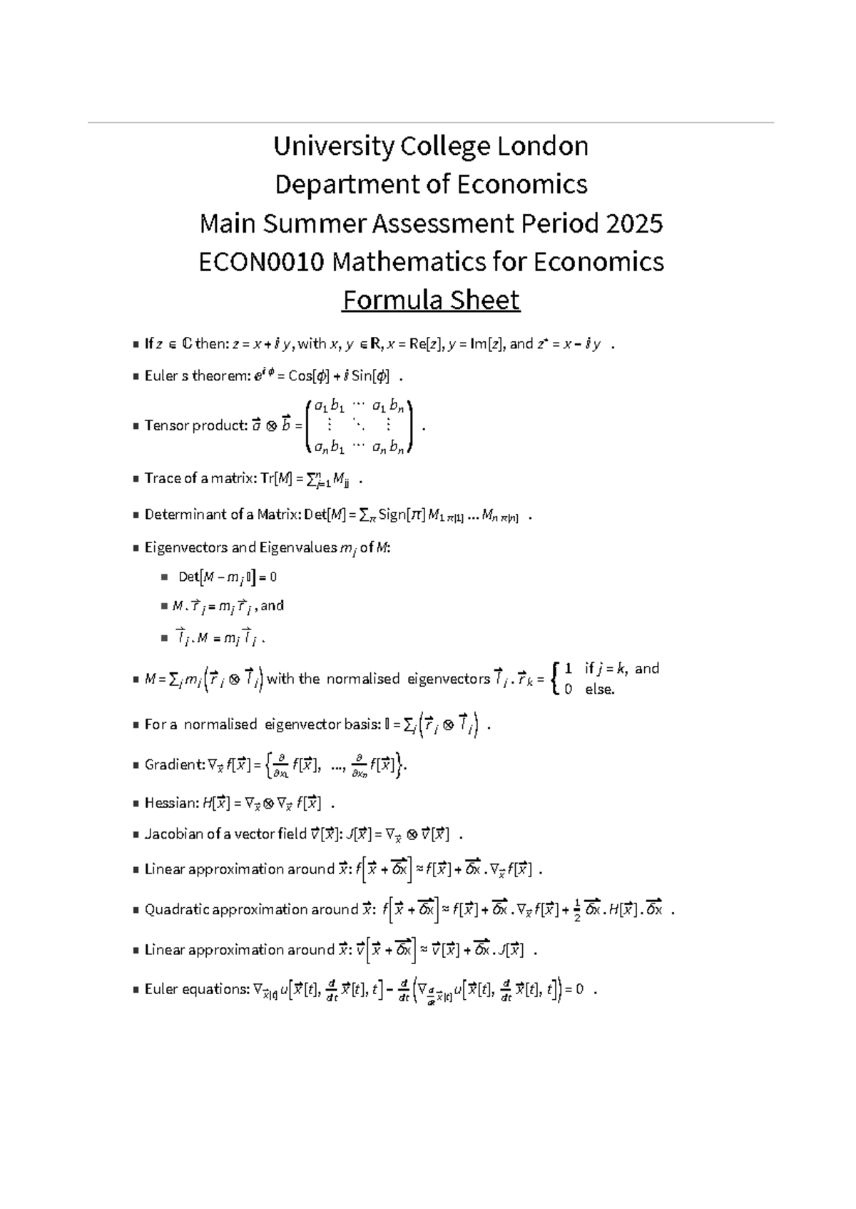 ECON0010 Summer 2025 Mathematics for Economics Formula Sheet - Studocu