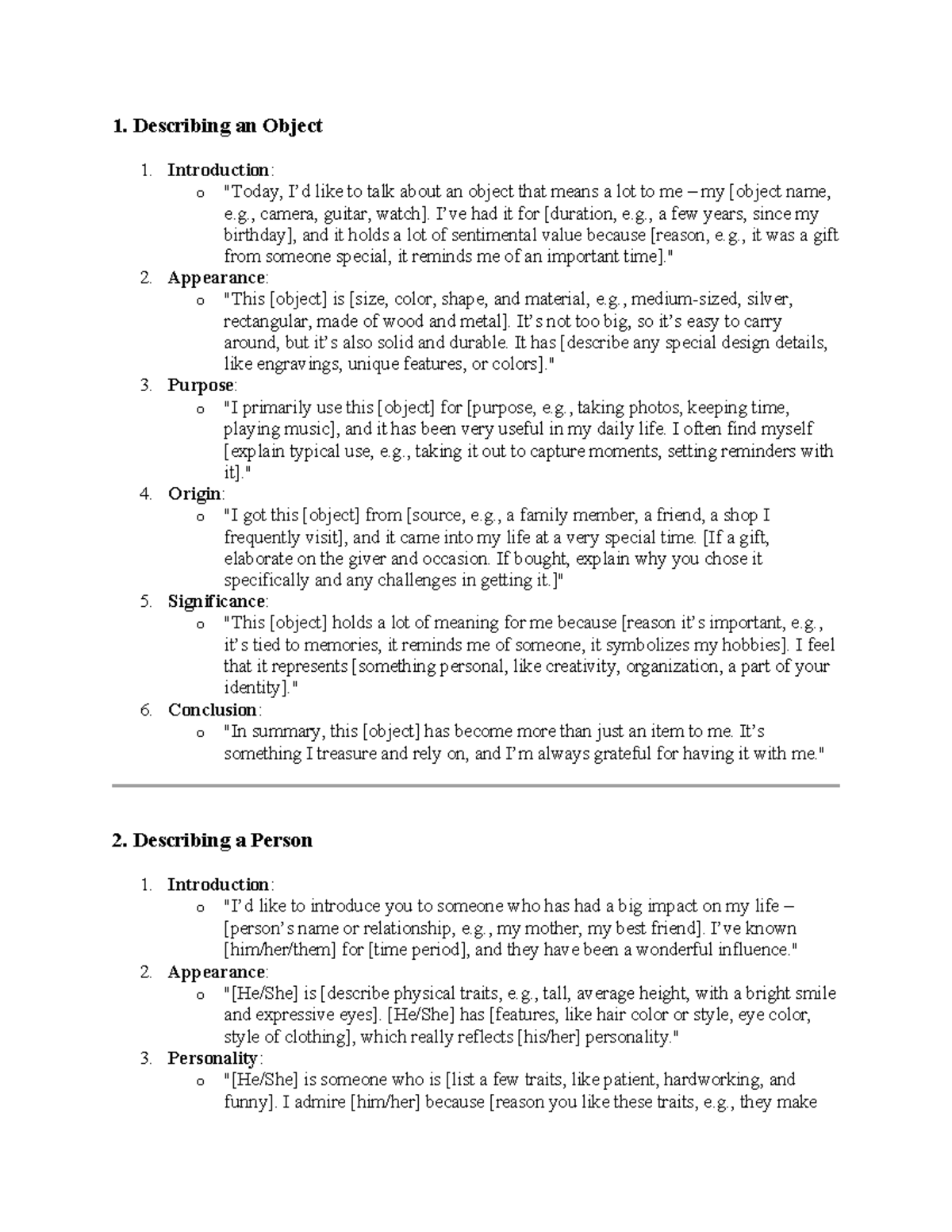 Template - ádads - 1. Describing an Object 1. Introduction: o 