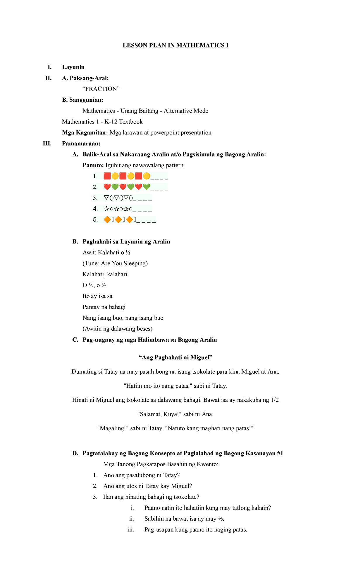 Lesson PLAN IN Mathematics I - LESSON PLAN IN MATHEMATICS I I. Layunin ...