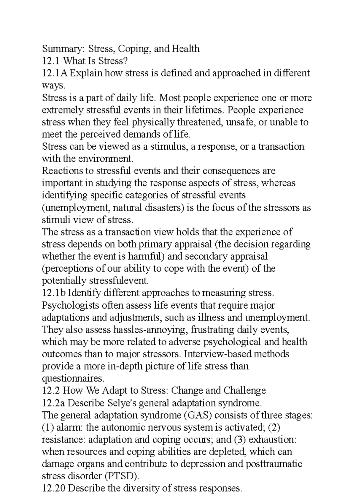 Psychology Stress Summary (PSY 12): Understanding Stress and Coping ...