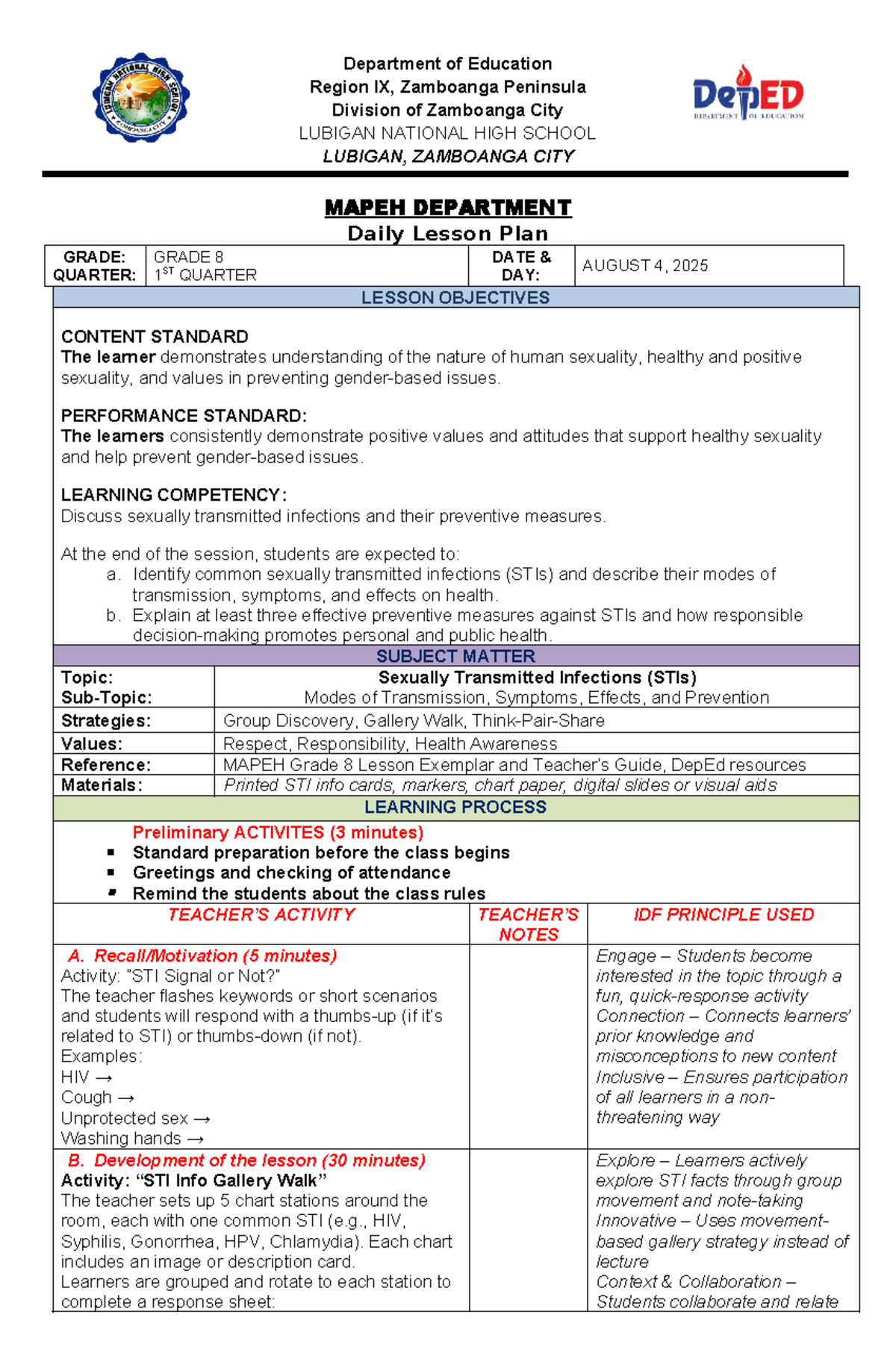 MAPEH 8 1st Quarter Daily Lesson Plan: Understanding STIs and ...
