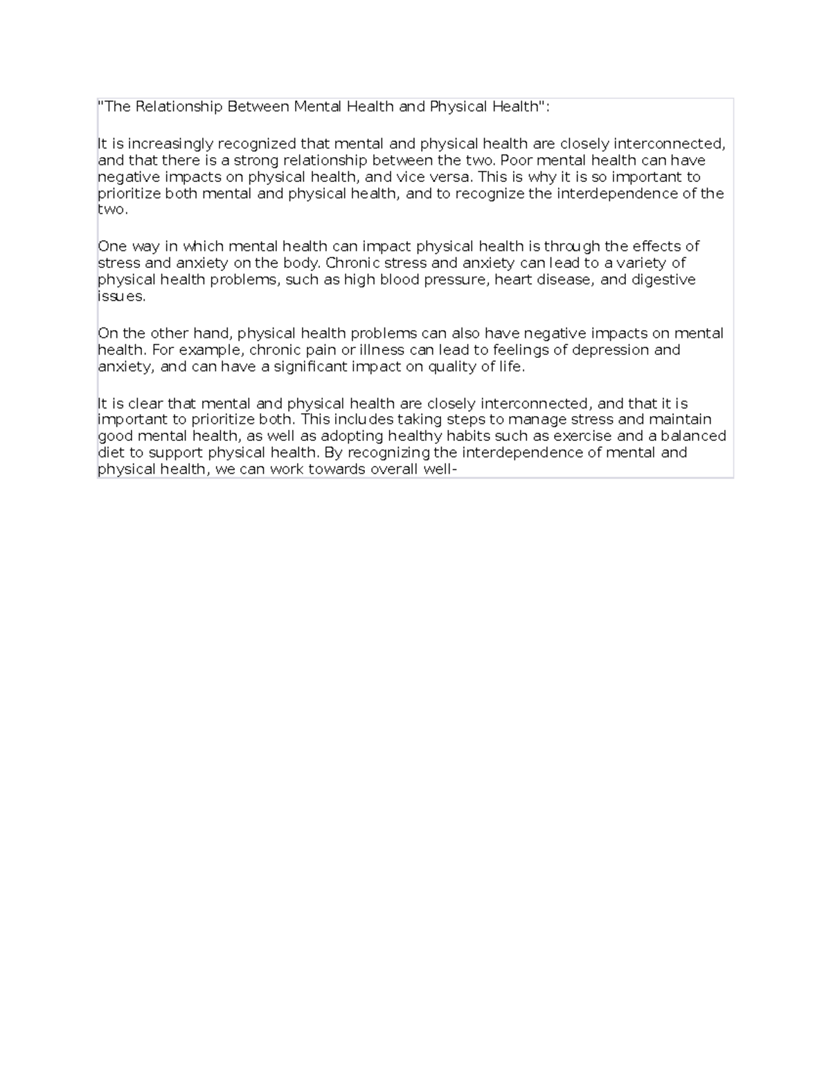 The Relationship Between Mental Health and Physical Health - "The ...