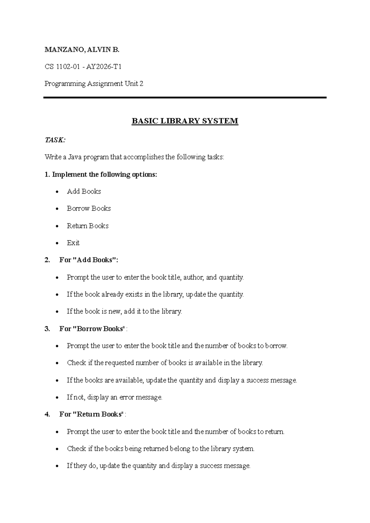 CS 1102-01 Programming Assignment Unit 2: Basic Library System - Studocu