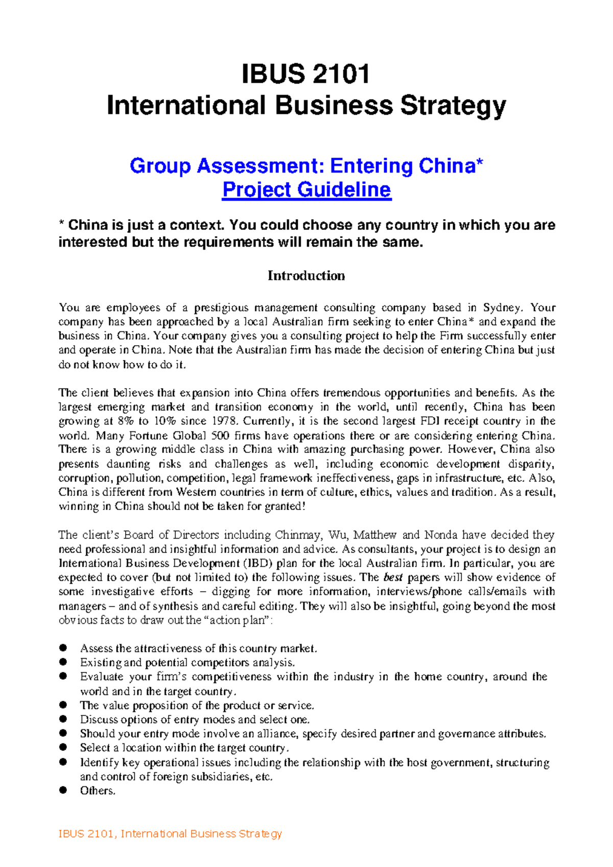 IBUS 2101 International Business Strategy Group Project: China Entry ...