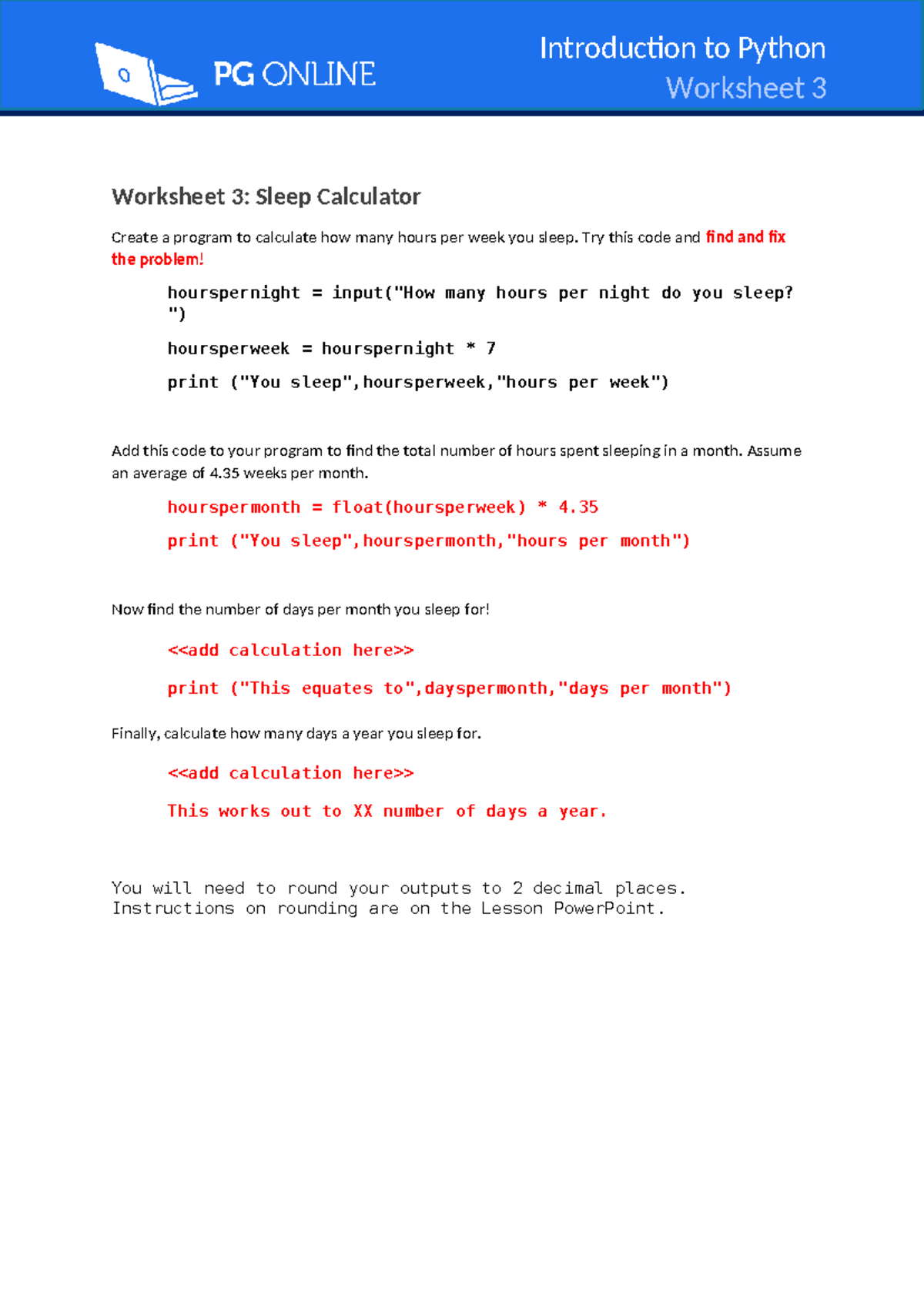 Python L3 - Worksheet 3: Sleep Calculator & Code Fixes - Studocu