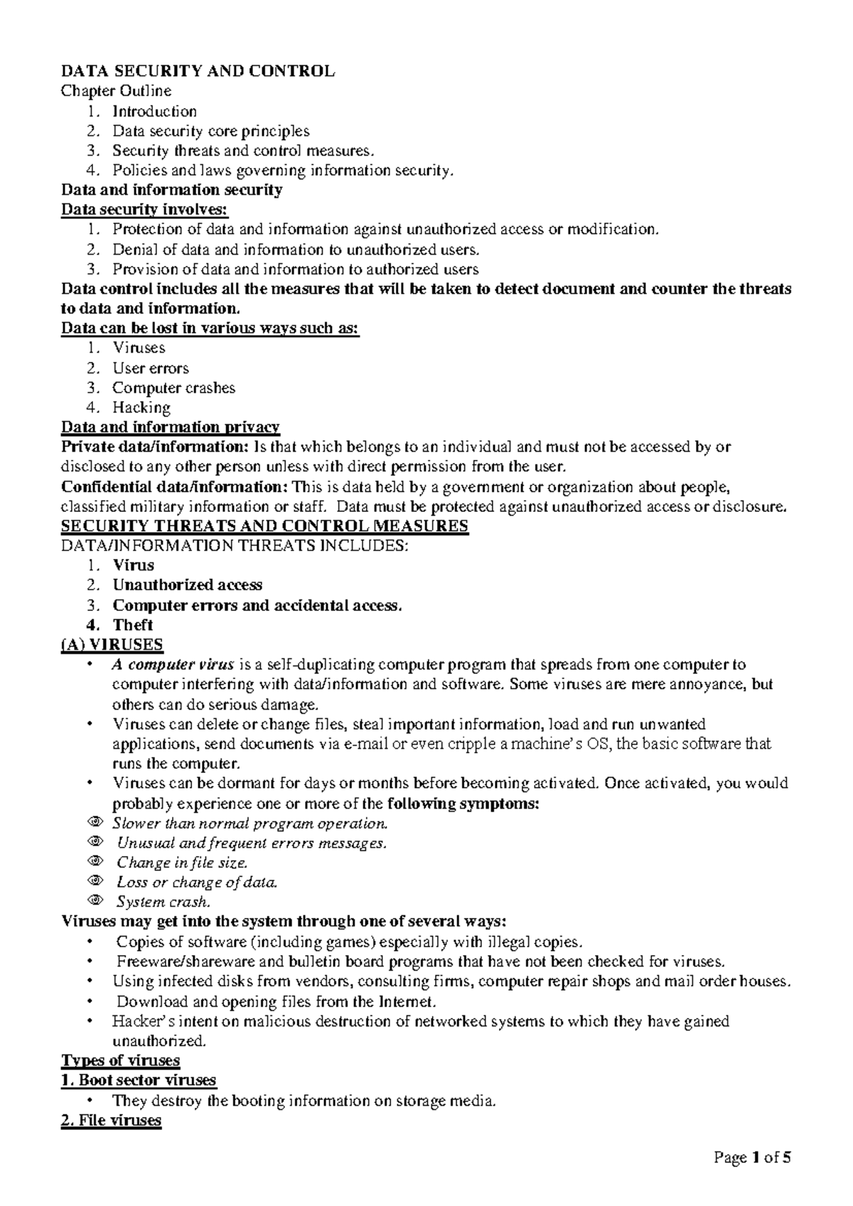 DATA SECURITY AND CONTROL (CS 101) Chapter Outline and Key Concepts ...