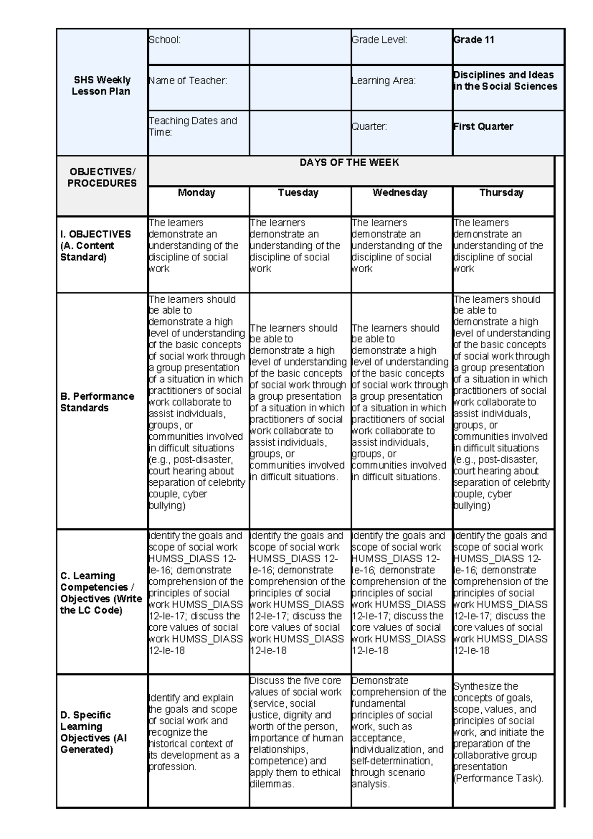 SHS Weekly Lesson Plan: Grade 11 Disciplines in Social Sciences (HUMSS ...