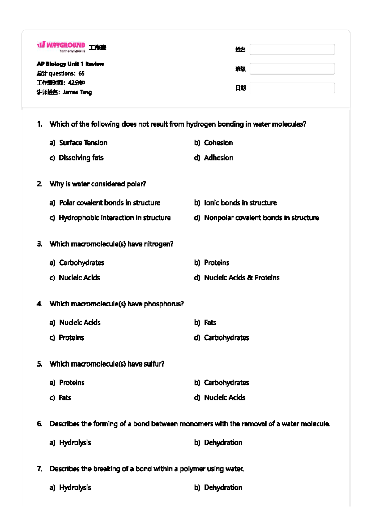 AP Biology Unit 1 Quiz Review: Key Concepts and Questions - Studocu
