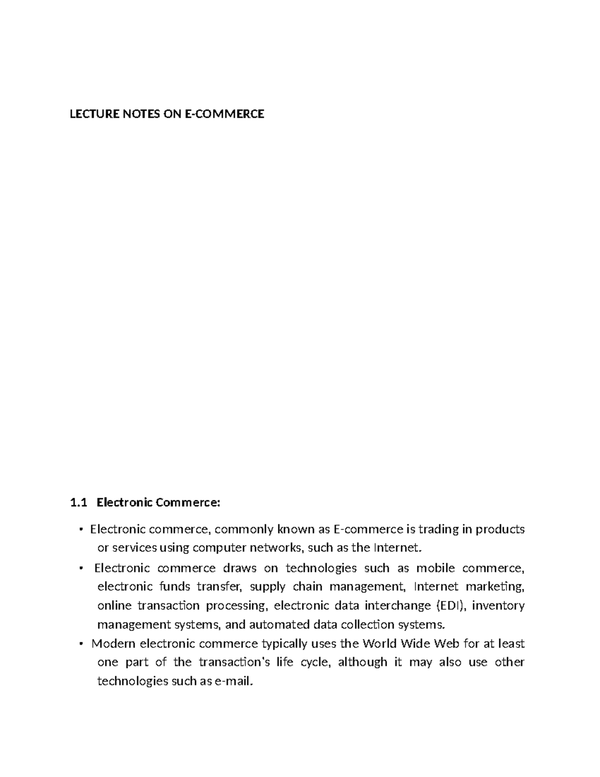 LECTURE NOTES ON 1.1 Electronic Commerce (ECO 101) and Its Key Concepts ...
