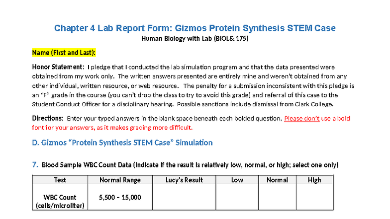 Lab Report Form: Gizmos Protein Synthesis Case Study (Lab 175) - Studocu
