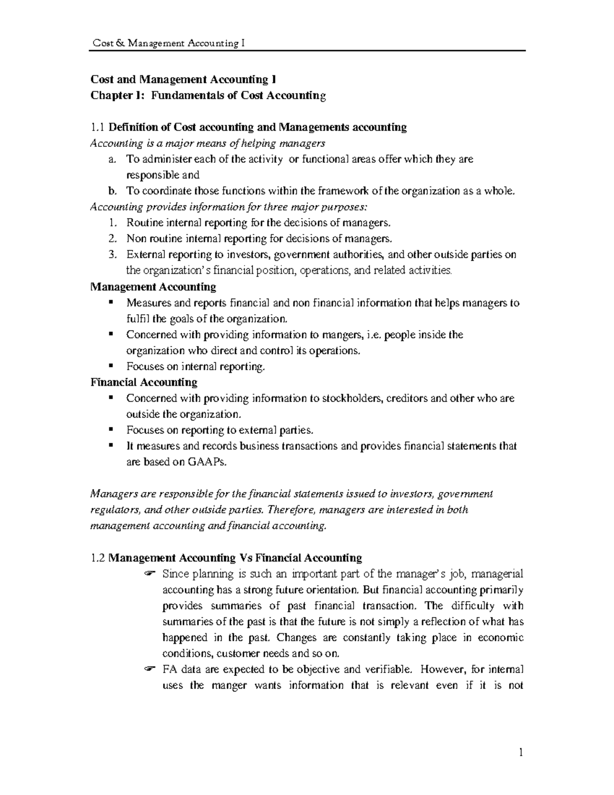 Cost Management Accounting I: Chapter 1 & 2 - Fundamentals of Cost ...