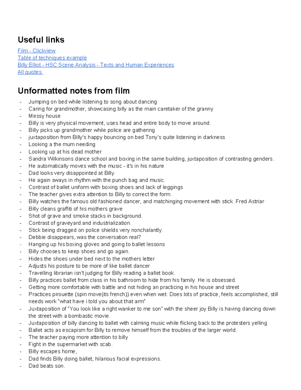 HSC English Notes: Scene Analysis of Billy Elliot and Human Experiences ...