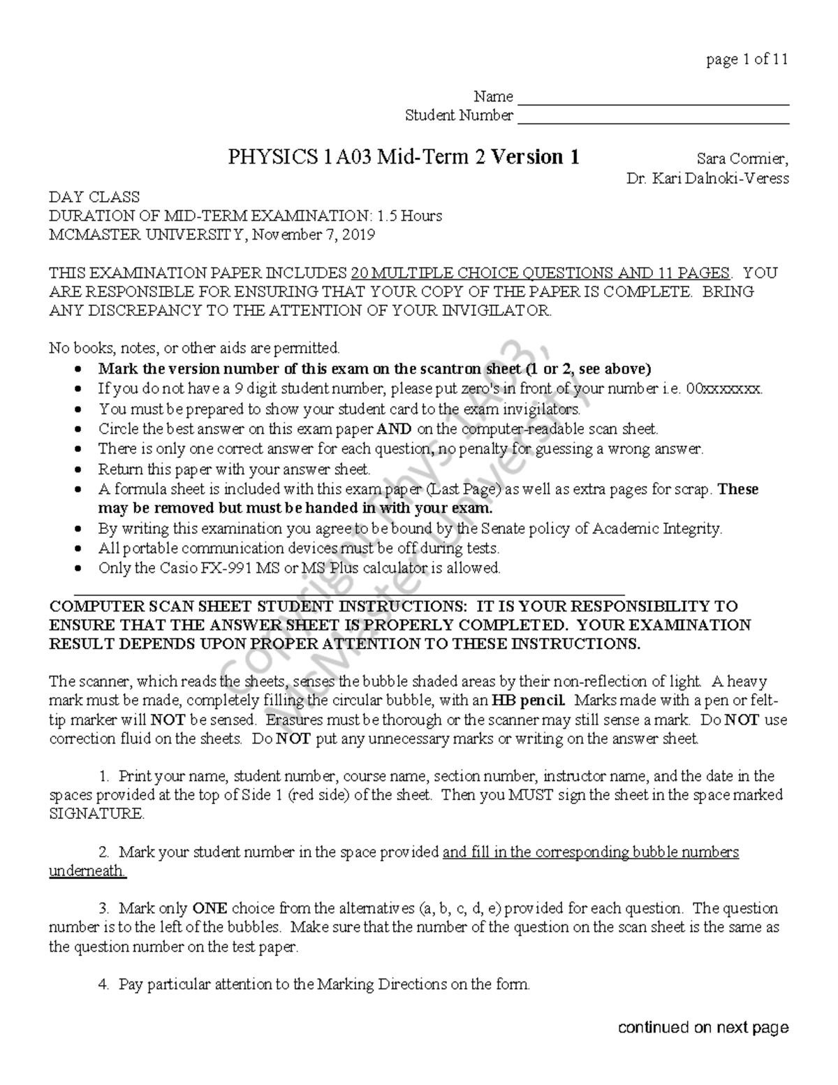 Physics 1A03 F19 Midterm 2 Version 1 Answer Key & Instructions - Studocu