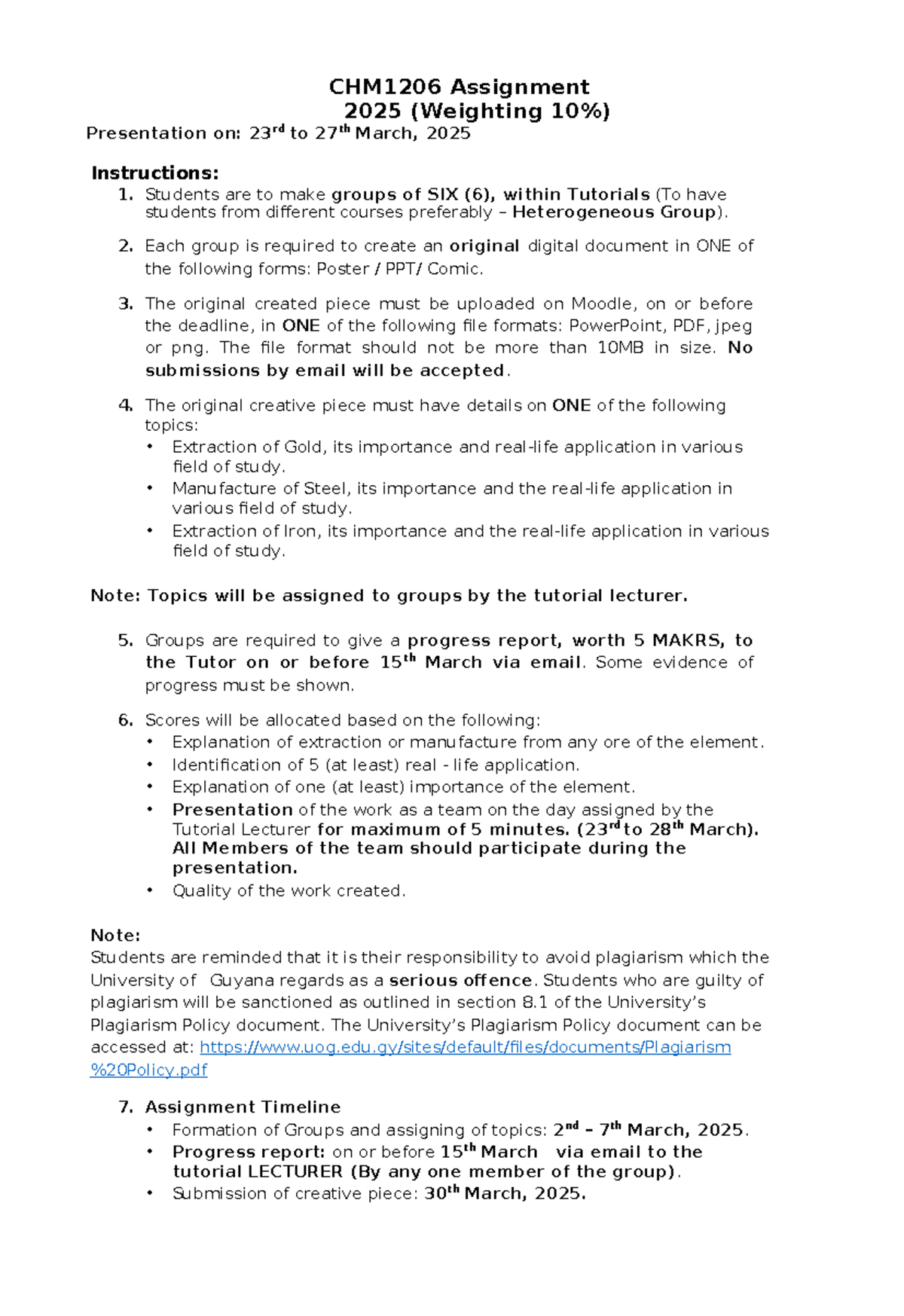 CHM1206 Group Assignment 2025: Creative Project Guidelines - Studocu