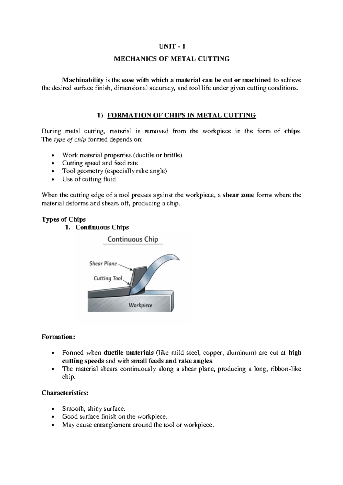 UNIT I: MECHANICS OF METAL CUTTING - Chip Formation & Tool Life - Studocu