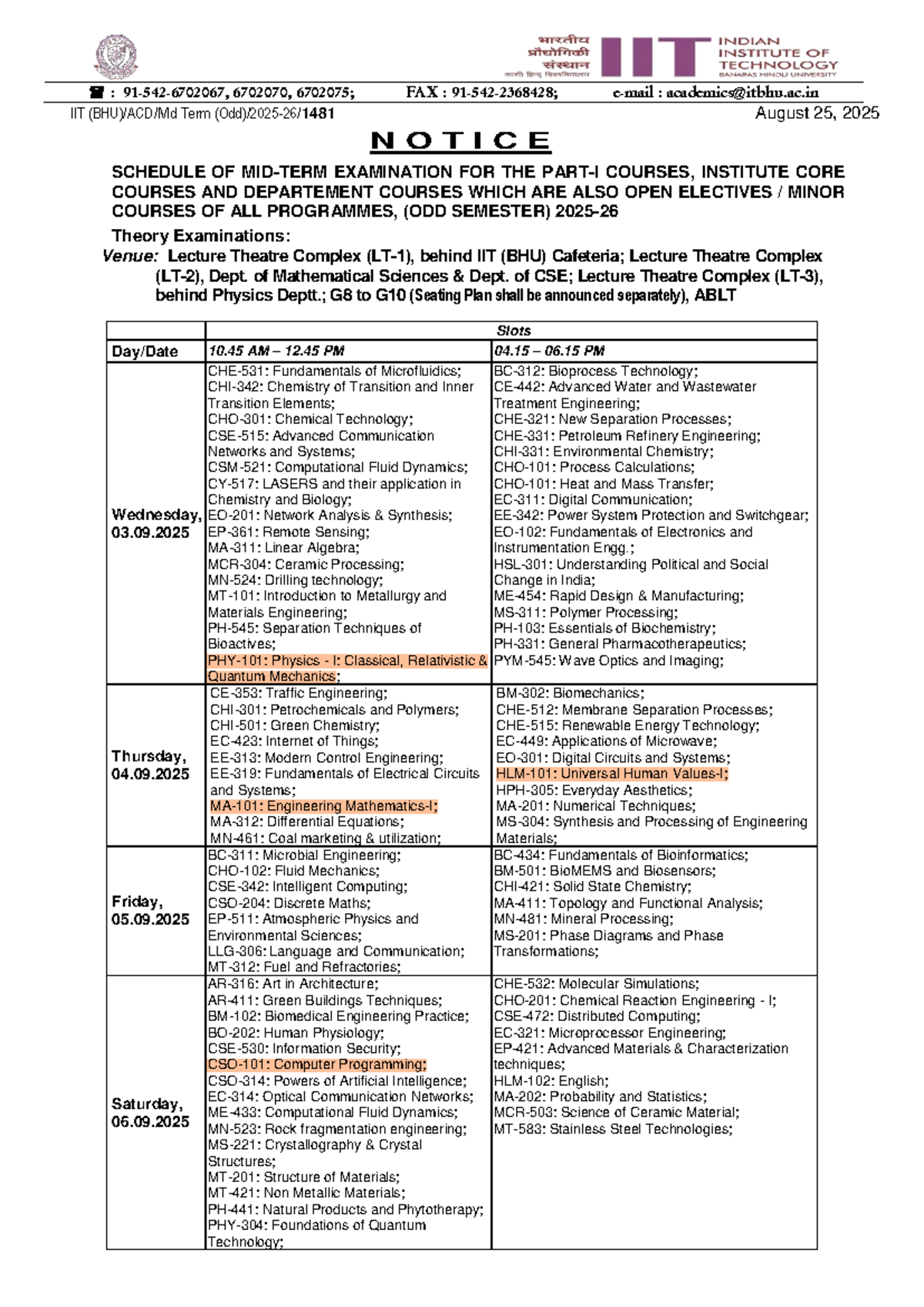 6702070: Final Midterm Exam Schedule for Odd Semester 2025-26 - Studocu