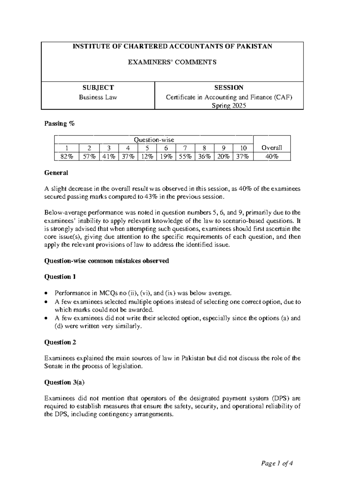 CAF Business Law Comments and Performance Analysis Spring 2025 - Studocu