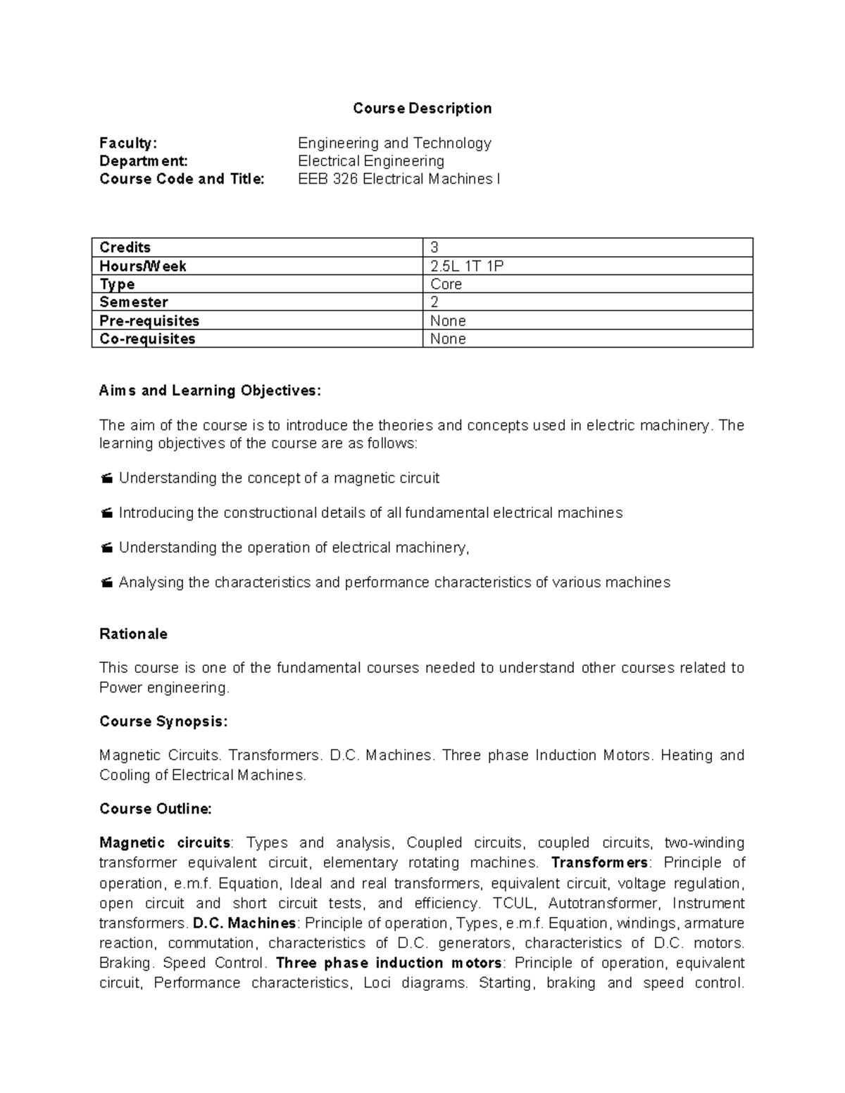 EEB 326 - Electrical Machines I - Course Overview and Objectives - Studocu