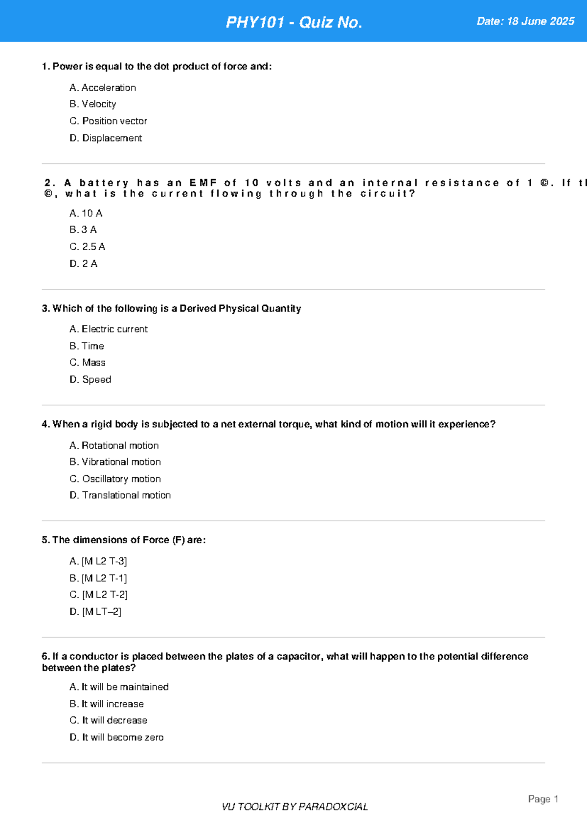 Quiz PHY101 - Solve Quiz Questions and Answers - Studocu
