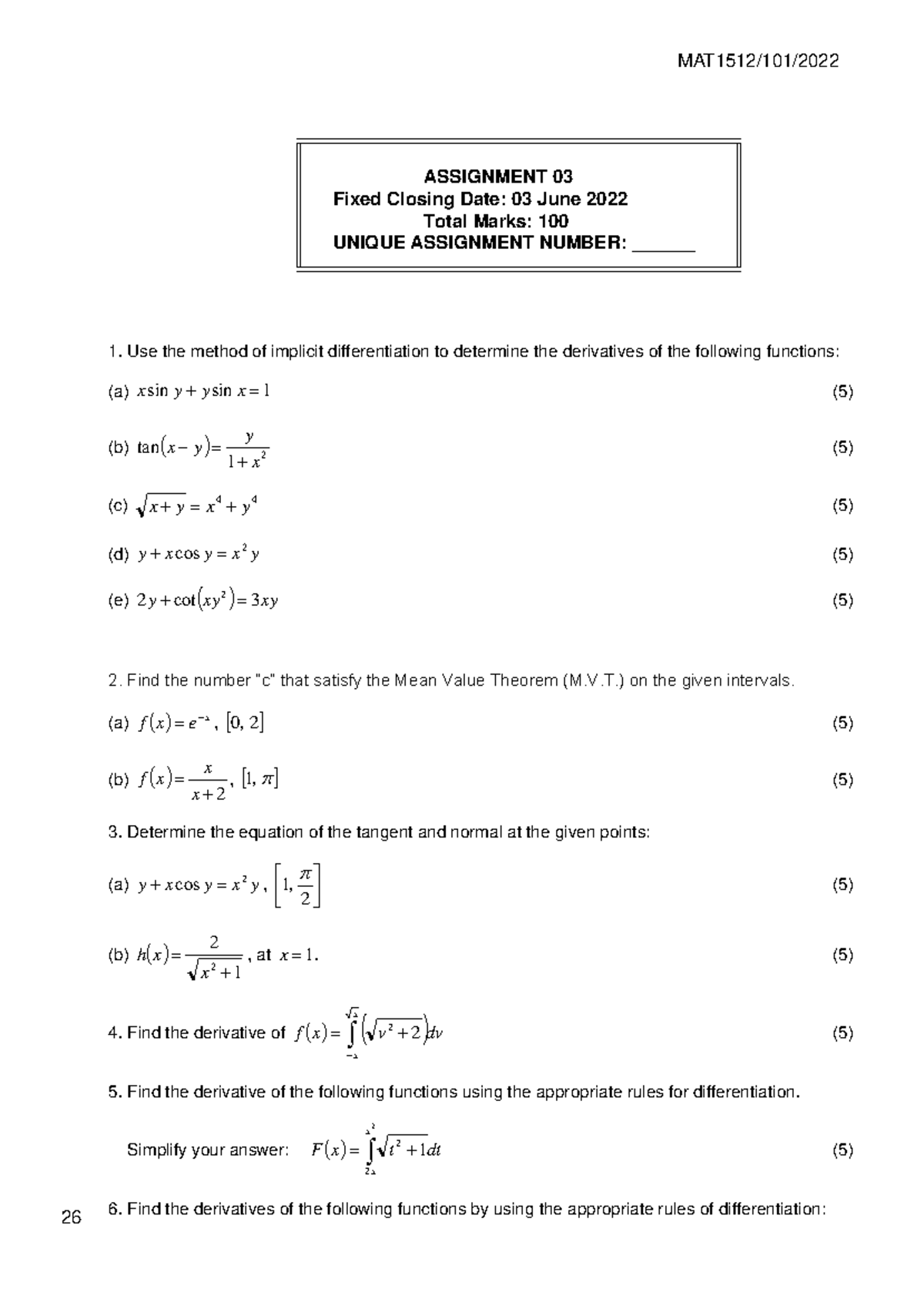 MAT1512/101/ ASSIGNMENT 03: Implicit Differentiation & MVT Problems ...