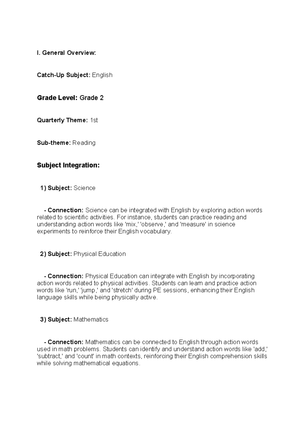 Exploring Action Words: English Integration for Grade 2 - Studocu