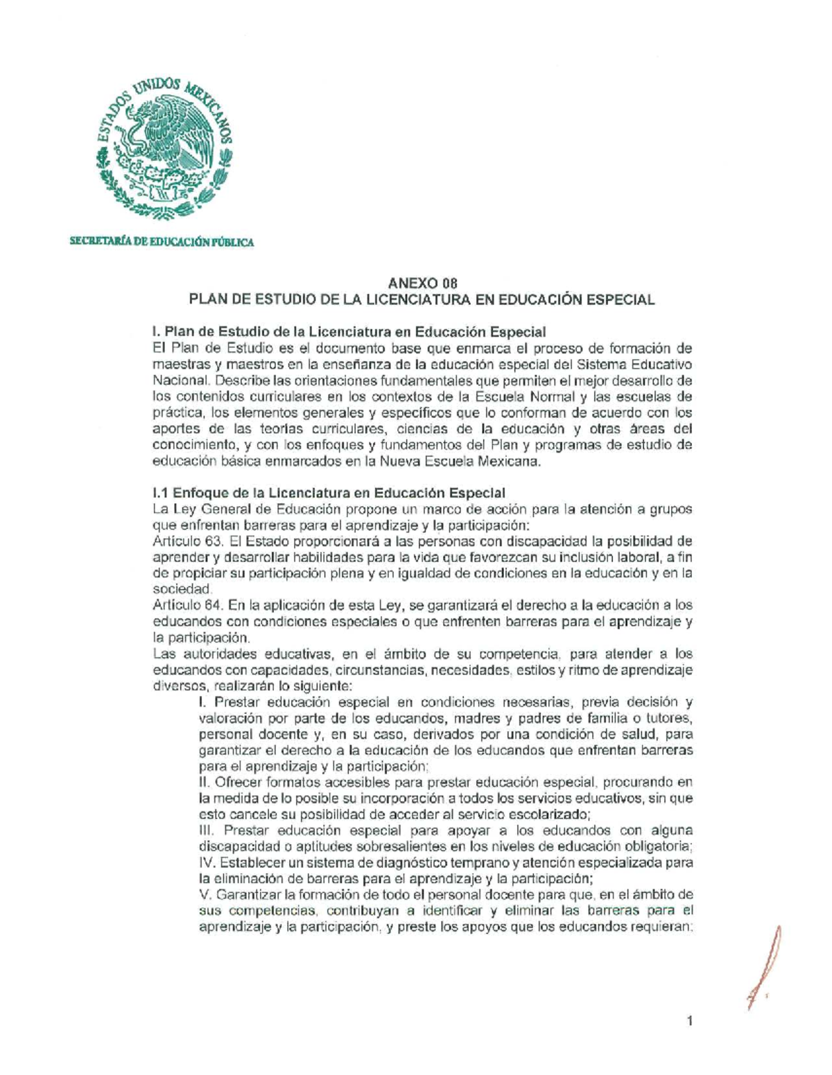 Anexo 08: Plan de Estudio para la Licenciatura en Educación Especial ...