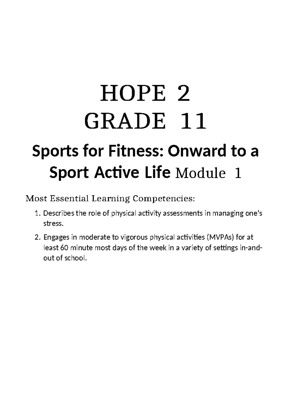 HOPE 2: Grade 11 Module on Sports for Fitness and Stress Management ...