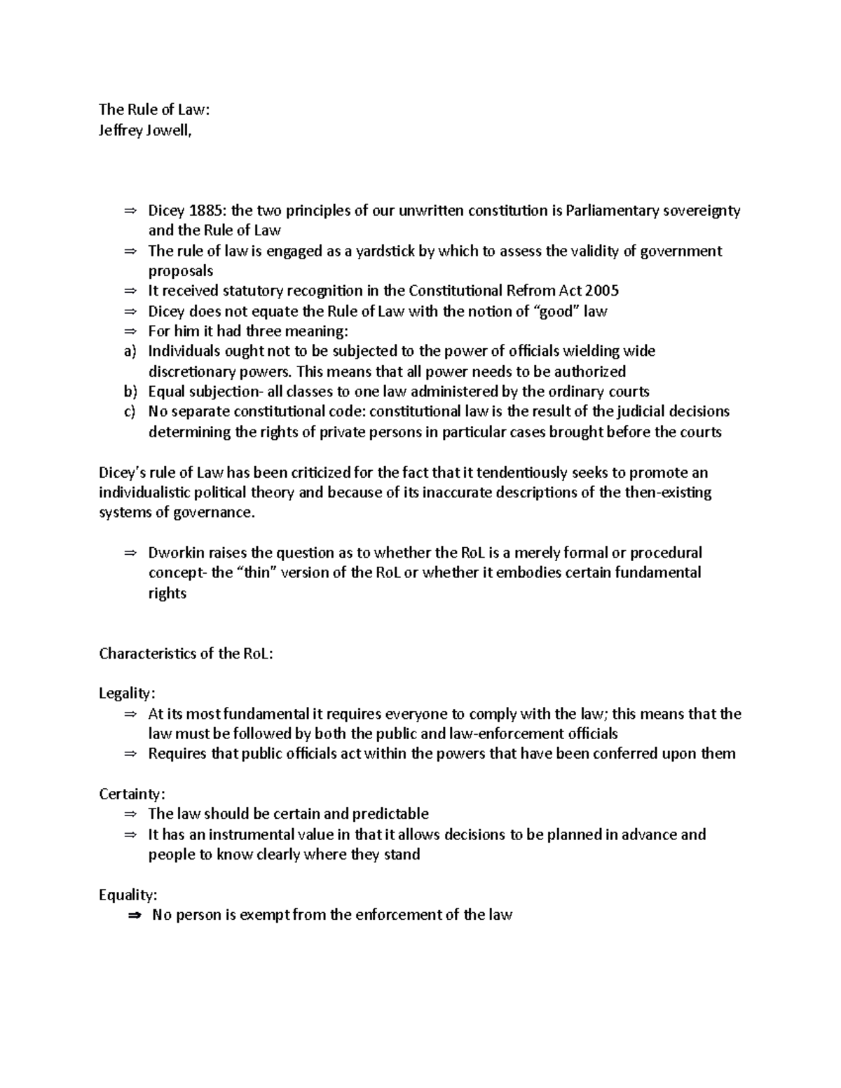 Law 101: Rule of Law Notes on Principles and Characteristics - Studocu