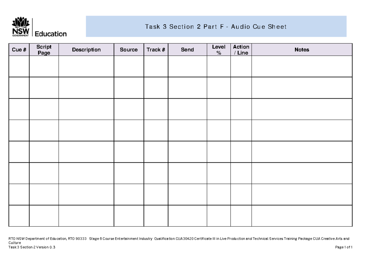 Task 3 Section 2 Part F - Audio Cue Sheet - RTO NSW Department of ...