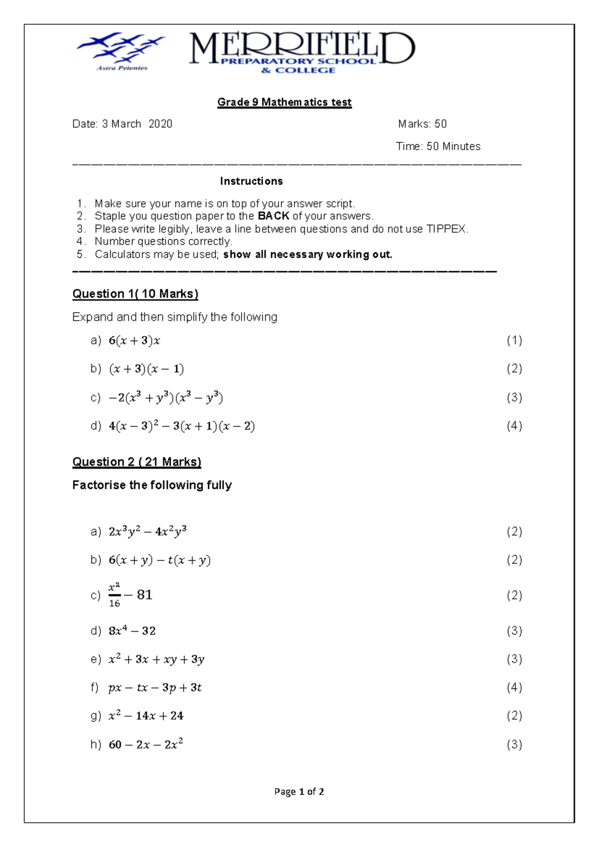 Algebra - Alegbra to practice - Page 1 of 2 Grade 9 Mathematics test ...