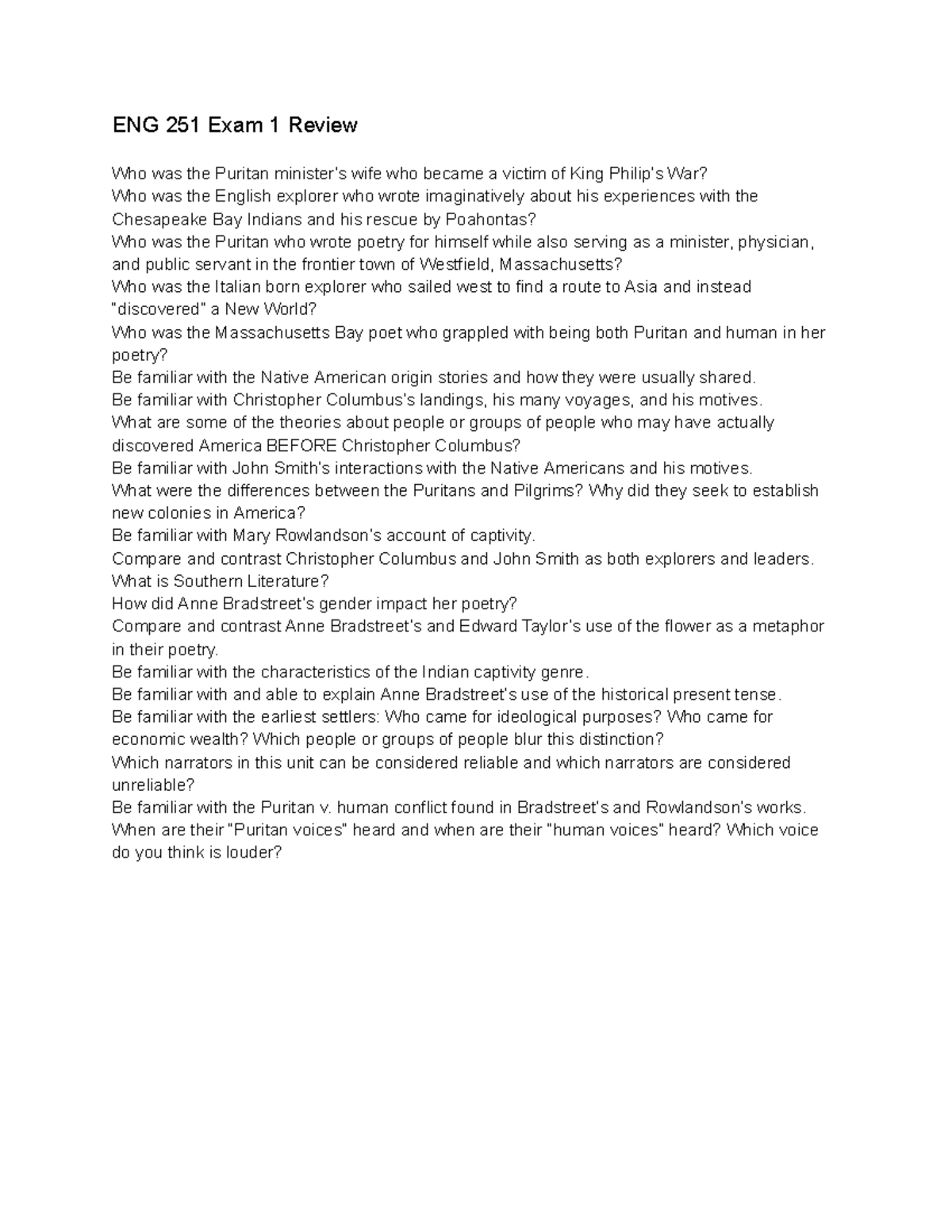 ENG 251 Exam 1 Study Guide - Key Topics and Questions - Studocu