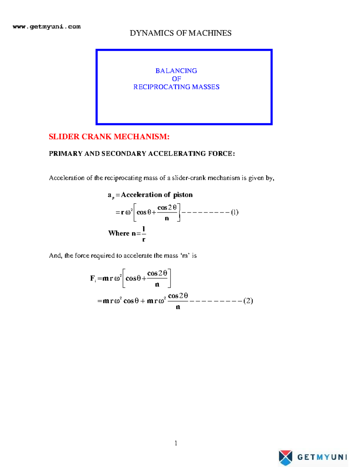 Mechanical engineering dynamics-of-machines balancing-of-reciprocating ...
