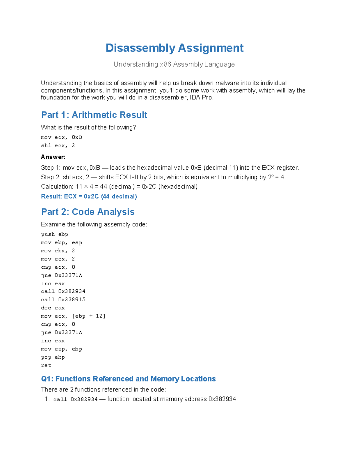 Disassembly Assignment: Understanding x86 Assembly Language - Studocu
