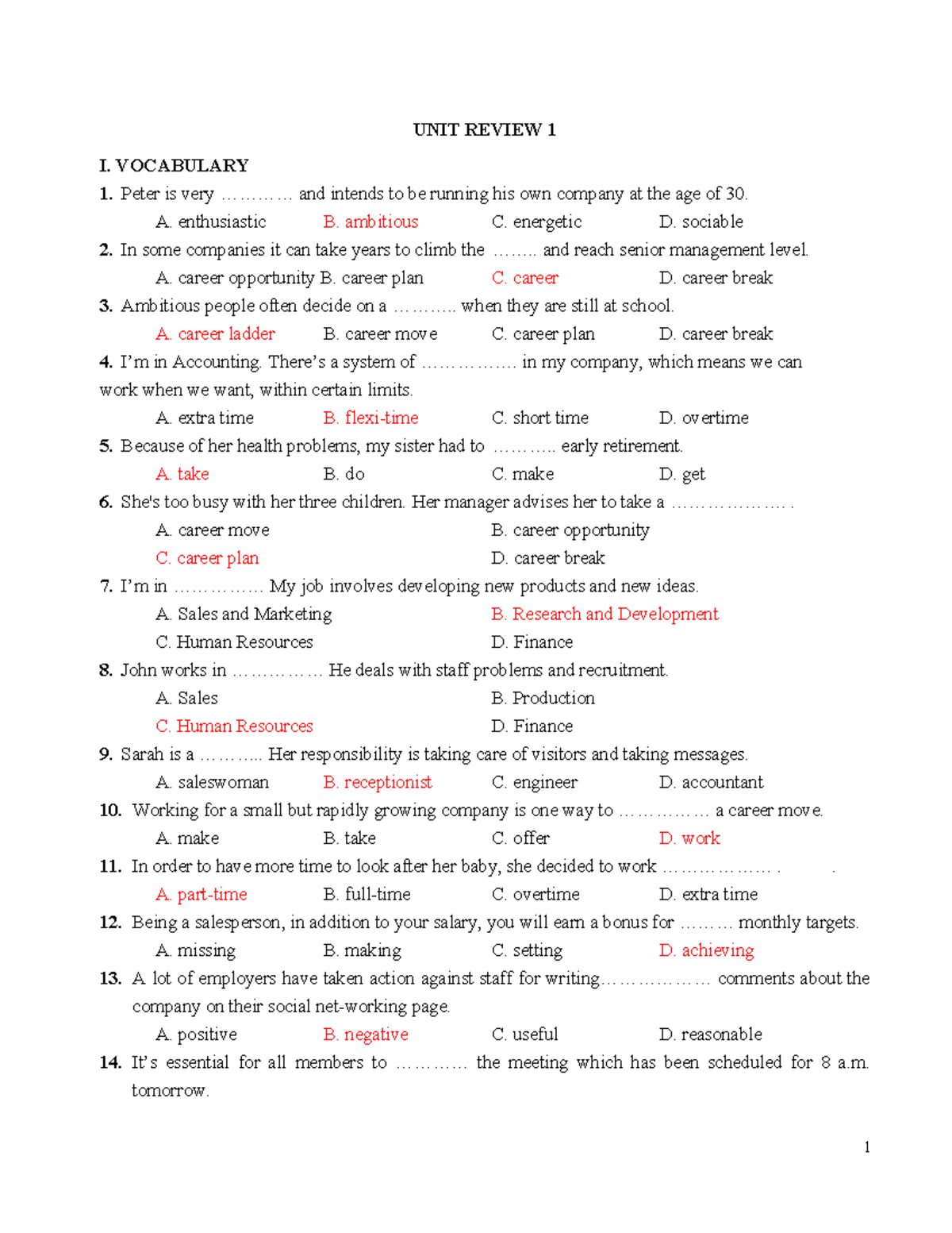 Review 1 - Vocabulary and Grammar Unit Exercises - Studocu
